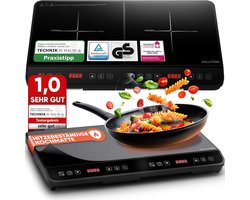 Stillstern dubbele inductiekookplaat | Dubbele inductiekookplaat [3600 W] met stille functie en turboboost, 12-28 cm, 18 temperatuur- en vermogensstanden, 24-uurs timer, kinderslot, touchbediening