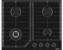 Wiggo WH-G634RL(B) - Inbouw Gaskookplaat - Wok brander - 60 cm - 4 Kookzones - Gietijzeren pannendragers - 5 jaar garantie - Zwart Geëmailleerd