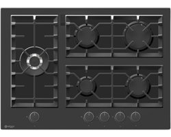 Wiggo WH-G735GR(B) - Inbouw Gaskookplaat - Glas op gas - Wok brander - 70cm - 5 Kookzones - Gietijzeren pannendragers - 5 jaar garantie - Zwart Glas