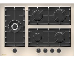 Wiggo WH-G735GR(C) - Inbouw Gaskookplaat - Glas op gas - Wok brander - 70cm - 5 Kookzones - Gietijzeren pannendragers - 5 jaar garantie - Crème Glas