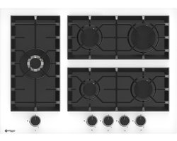 Wiggo WH-G735GR(W) - Inbouw Gaskookplaat - Glas op gas - Wok brander - 70cm - 5 Kookzones - Gietijzeren pannendragers - 5 jaar garantie - Wit Glas