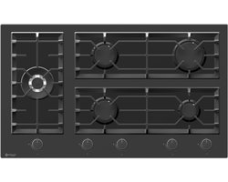 Wiggo WH-G935GR(B) - Inbouw Gaskookplaat - Glas op gas - Wok brander - 90cm - 5 Kookzones - Gietijzeren pannendragers - 5 jaar garantie - Zwart Glas