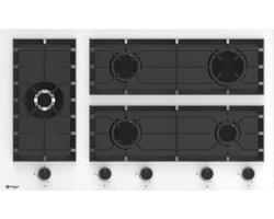 Wiggo WH-G935GR(W) - Inbouw Gaskookplaat - Glas op gas - Wok brander - 90cm - 5 Kookzones - Gietijzeren pannendragers - 5 jaar garantie - Wit Glas
