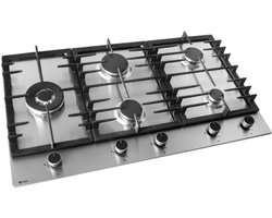 Wiggo WH-G935RR(X) - Inbouw Gaskookplaat - Wok brander - 90 cm - 5 Kookzones - Gietijzeren pannendragers - 5 jaar garantie - Roestvrijstaal