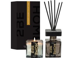 2BEHOME Geurkaars & Geurstokjes Set - Sandalwood - Huisparfum - Fragrance Sticks - Luchtverfrisser - Geurverspreider - Geurkaarsen Geschenkset - Geur Kaars - Wooden Luxury Collection - Zwart