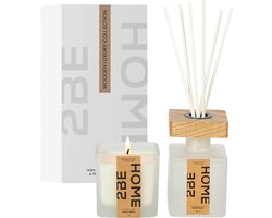 2BEHOME Geurkaars & Geurstokjes Set - White Musk - Huisparfum - Fragrance Sticks - Luchtverfrisser - Geurverspreider - Geurkaarsen Geschenkset - Geur Kaars - Wooden Luxury Collection - Wit
