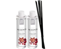 Bolsius Accents - Navulling Voor Geurstokjes - 2 x 200 ml - Warm Cheer - Inclusief 8 Fiber Geurstokjes