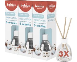 Bolsius True Scents - Geurstokjes - Fresh Cotton - 3 stuks - Voordeelverpakking - 60ml