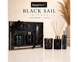 EasyMart Huisparfum Set 4-Delig met Geurstokjes, Roomspray, Geurkaars & Diffuser - Black Sail Intense - Luxe Cadeauset voor Woonkamer, Badkamer, Toilet & Slaapkamer