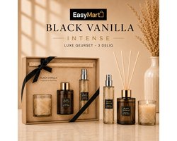 EasyMart Geurstokjes Huisparfum Set 4-Delig - Black Vanilla Intense - Premium Luxe Cadeauset met Roomspray & Geurkaars - Luxe Geurset voor Woonkamer, Badkamer, Toilet & Slaapkamer