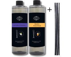 Navulling Lavendel Jasmijn + Musk Vers Hout - Geurstokjes Navulling Set van 2 + 5 Geurstokjes - Geurverspreider - Luchtverfrisser - Huisparfum - 400ml x 2