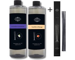 Navulling Lavendel Jasmijn + Vanille Mango - Geurstokjes Navulling Set van 2 + 5 Geurstokjes - Geurverspreider - Luchtverfrisser - Huisparfum - 400ml x 2