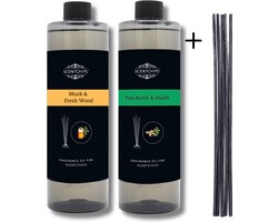 Navulling Musk Vers Hout + Patchouli Oudh - Geurstokjes Navulling Set van 2 + 5 Geurstokjes - Geurverspreider - Luchtverfrisser - Huisparfum - 400ml x 2