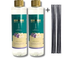 Scentmoods Geurstokjes Navulling Lavendel Jasmijn Set van 2 + 12 Geurstokjes - Geurverspreider - Luchtverfrisser - Huisparfum - 400ml x 2