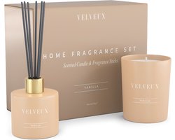 Velveux Vanille geurkaars en geurstokjes geschenkset geurkaarsen – Luxe Aroma Ervaring met Sojawas en Katoenen Lont - decoratieset - cadeau