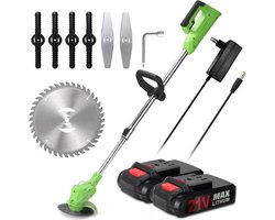 Accu Grastrimmer 21V – Draadloos – 2 Accu's, 4 Kunststof Messen, 2 Metalen Messen, 1 Legering Mes, Verstelbare Handgreep, Beschermkap & Installatieset– Voor Tuin en Gras