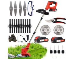 Accu grastrimmer met accu,OUTIGO opvouwbare grasmaaier, Draadloze grasmaaier， gazonkantentrimmer met 2 accu's 21V en 4 mestypen + 1 tuinschaar