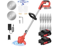 Aiverig® Accu kantenmaaier 21V – Draadloze grastrimmer & bosmaaier – Borstelloze motor 17.000 RPM – 4-in-1 (10 staalmessen + 2 zaagbladen) – Incl. 2 × 1500 mAh accu, snellader, handschoenen & veiligheidsbril – Telescopisch & verstelbaar – 2,2 kg