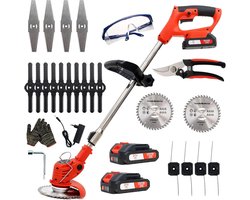 Elektrische Borstelloze Accu-Grastrimmer 21V - 2 Batterijen, 4 Messen + Schaar - Verstelbare Hoogte en Hoek - Voor Gazononderhoud