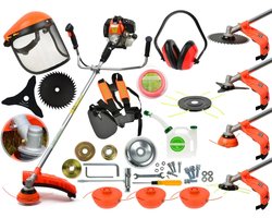 John Gardener BC430 krachtige 49,7cc bosmaaier met 3 trimmerkoppen, zaagblad, harnas, vizier en gehoorbescherming