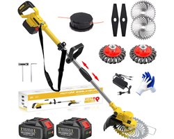 Quvo® Onkruidborstel Electrisch - Onkruidborstel Machine - Voegenborstel – Bosmaaier - Grastrimmer Met Accu - Incl: Accu, Zaagbladen, Messen, Handschoenen En Oplader - Geel - 145 cm x 25 cm x 13 cm;