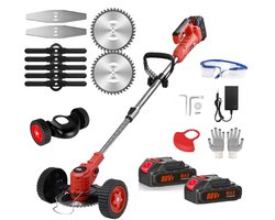 Traumheim® 3-in-1 Kantenmaaier – Grastrimmer – Bosmaaier – Grasmaaier – Draadloos & Elektrisch – Incl. 2 Accu ‘s & Snellader– met wielen –Red-15cm Cutting Diameter