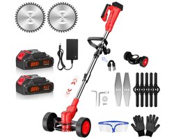 Traumheim® 3-in-1 Kantenmaaier – Grastrimmer – Opvouwbare grasmaaier met wielen – Grasmaaier – Draadloos & Elektrisch – Incl. 2 Accu ‘s & Snellader– Red