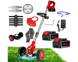 Traumheim®Accu-grasmaaier 21V met 2 accu's en oplader – Grastrimmer – Bosmaaier – Freischneider & Motorsense met telescopische steel + extra handgreep - met wielen - rood