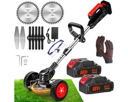 Traumheim®Accu-grasmaaier 21V met 2 accu's en oplader – Grastrimmer – Bosmaaier – Freischneider & Motorsense met telescopische steel + extra handgreep –met wielen - zwart