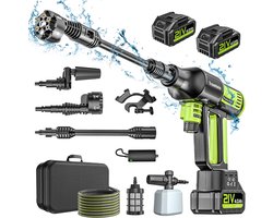 120Bar Accu Hogedrukreiniger met 2x 4000mAh Accu's & Lader - 4 Drukstanden - Zelfaanzuigend met 5m Slang - 180° Draaibare Spuitkop & 6-in-1 Mondstuk - Inclusief Schuimspuit en Draagtas - Voor Auto, Fiets, Terras en Tuin