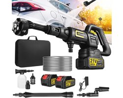 6-in-1 Accuhogedrukreiniger - Hogedrukspuit - Draagbare Terrasreiniger - Elektrische Straalsproeierpistoolkit - Krachtige Borstelloze Motor - 2x 4.0 Ah & Oplader - voor Auto - Tuin - Huisdier - Terras - Reiniging - Zwart