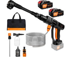 6-in-1 Krachtige Draadloze Hogedrukreiniger 21V - Ideaal voor Auto Wassen, Tuinmeubels en Terrassen - Met 2 Lithium Accu's - Schuimfles & 5m Slang