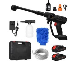 Accu Hogedrukreiniger 35 Bar – Draadloze 21V Hogedrukspuit met 2x 8000mAh Accu – 6-in-1 Nozzle – Incl. Schuimfles & Gereedschapskoffer – Voor Auto, Fiets, Tuin, Terras & Ramen – 300W – Zwart