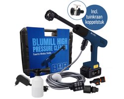 BluMill Hogedrukreiniger op Accu - Draadloze Hogedrukspuit - 6 in 1 Spuitkop - 5 m Waterslang - Voor Auto, Tuin en Camping