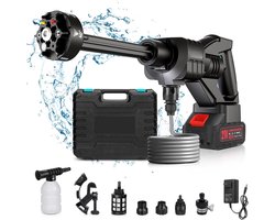 Draadloze hogedrukreiniger, 40 bar draagbare hogedrukreiniger met 1500mAh batterij, 6-in-1 multi-sproeimondstuk 5M slang voor auto, terras, tuin, hek, zwembad