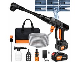 Draadloze Hogedrukreiniger - Accu Spuitpistool 21V - 6-in-1 Mondstuk - Autowasser - Tuinreiniger - Met 2 Batterijen 6.0Ah - Incl. Schuimfles - Slang met Filter - Hogedrukspuit - Draagbare Waterreiniger - Elektrisch Reinigingsapparaat