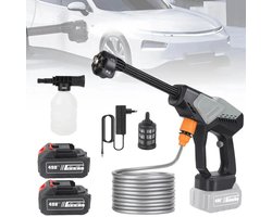 Draadloze hogedrukreiniger batterij 21V, 65 bar, auto hogedrukreiniger met 5 m slang en 6-in-1-sproeiers, 2 batterijen, elektrisch waterstraalpistool