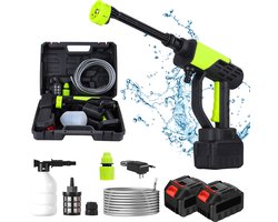 Draadloze Hogedrukreiniger met 2 Accu's - 6-in-1 Multifunctioneel - 22000 RPM voor Krachtige Reiniging - 5m Slang met Filter - Inclusief Schuimlans en Opbergkoffer - Voor Auto, Terras, Gevel & Tuin