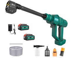 Draadloze hogedrukreiniger met 2 accu's, draagbare handhogedrukreiniger met borstelloze motor, 6-in-1 mondstuk voor het reinigen van auto's, erven, schuttingen en muren.