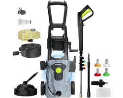 Hogedrukreiniger 180 bar – 2000 W, 450 L/u – 11 m Slang met Haspel – 4 Sproeiers, Terrasreiniger & Schuimlans – 86 cm Verhoogd Design