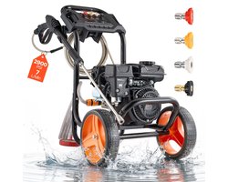 Hogedrukreiniger - Benzine Hogedrukspuit - 200 Bar - 7 L/min - Aluminium Pomp - Spuitpistool & Lans - 4 Sproeiers - Voor Terras & Oprit