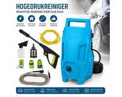 Hogedrukreiniger / Hogedrukspuit / Reinigingsapparaat – Blauw – Met pistool, lans, sproeikop, filter, schuimkanon, snelkoppelingen & slangen (2m + 7m) – Voor auto, terras, gevel, tuin & fiets – Incl. handleiding