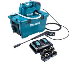 Makita DHW 080 PF4K Snoerloze hogedrukreiniger 36 V ( 2x 18 V ) 80 bar 380 l/u Borstelloos + 4x oplaadbare accu 3.0 Ah + dubbele lader