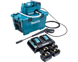 Makita DHW 080 PG4K Snoerloze hogedrukreiniger 36 V ( 2x 18 V ) 80 bar 380 l/u Borstelloos + 4x oplaadbare accu 6.0 Ah + dubbele lader