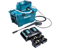 Makita DHW 080 PT4K Snoerloze hogedrukreiniger 36 V ( 2x 18 V ) 80 bar 380 l/u Borstelloos + 4x accu 5.0 Ah + dubbele lader