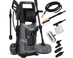 MASKO® hogedrukreiniger 2200 Watt 165 bar 450 l/u, Drukreiniger met haspel 10m slang 9.tlg. accessoire set, met zeepfles schuimsproeier, hogedrukpistool voor auto's / omheiningen / tuinen / patio's / zwembad - Grijs