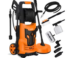 MASKO® hogedrukreiniger 2200 Watt 165 bar 450 l/u, Drukreiniger met haspel 10m slang 9.tlg. accessoire set, met zeepfles schuimsproeier, hogedrukpistool voor auto's / omheiningen / tuinen / patio's / zwembad - Oranje