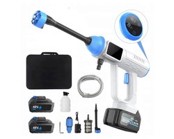 MDHL® Draadloze Hogedrukreiniger 48V – Inclusief 2 Accu’s & Koffer – 6-in-1 Spuitmond – Mobiele Accu Hogedrukspuit – Voor Auto, Fiets, Tuin & Terras - Wit/Blauw