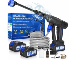 Mobiele Hogedrukreiniger met 2 Accu’s Direct Aansluitbaar op Kraan Draagbare Hogedrukreiniger voor Auto & Balkon Inclusief 6-in-1 Multifunctionele Spuitmond & Accessoires