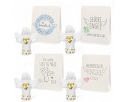 Set van 4 mini engelen van ongeveer 5 cm met hartvormige gelukshangers, decoratieve vriendschapsengeltjes als souvenir voor in huis of cadeau